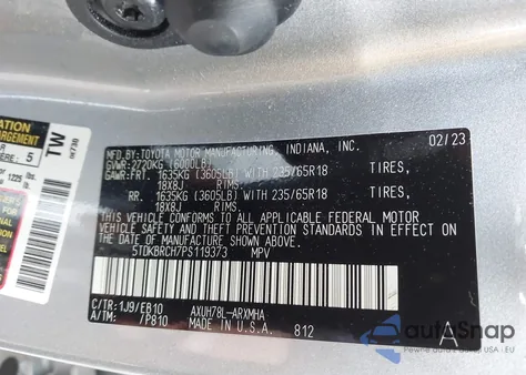 2023 Toyota Highlander Hybrid Xle из США, поврежденный, VIN 5TDKBRCH7PS119373